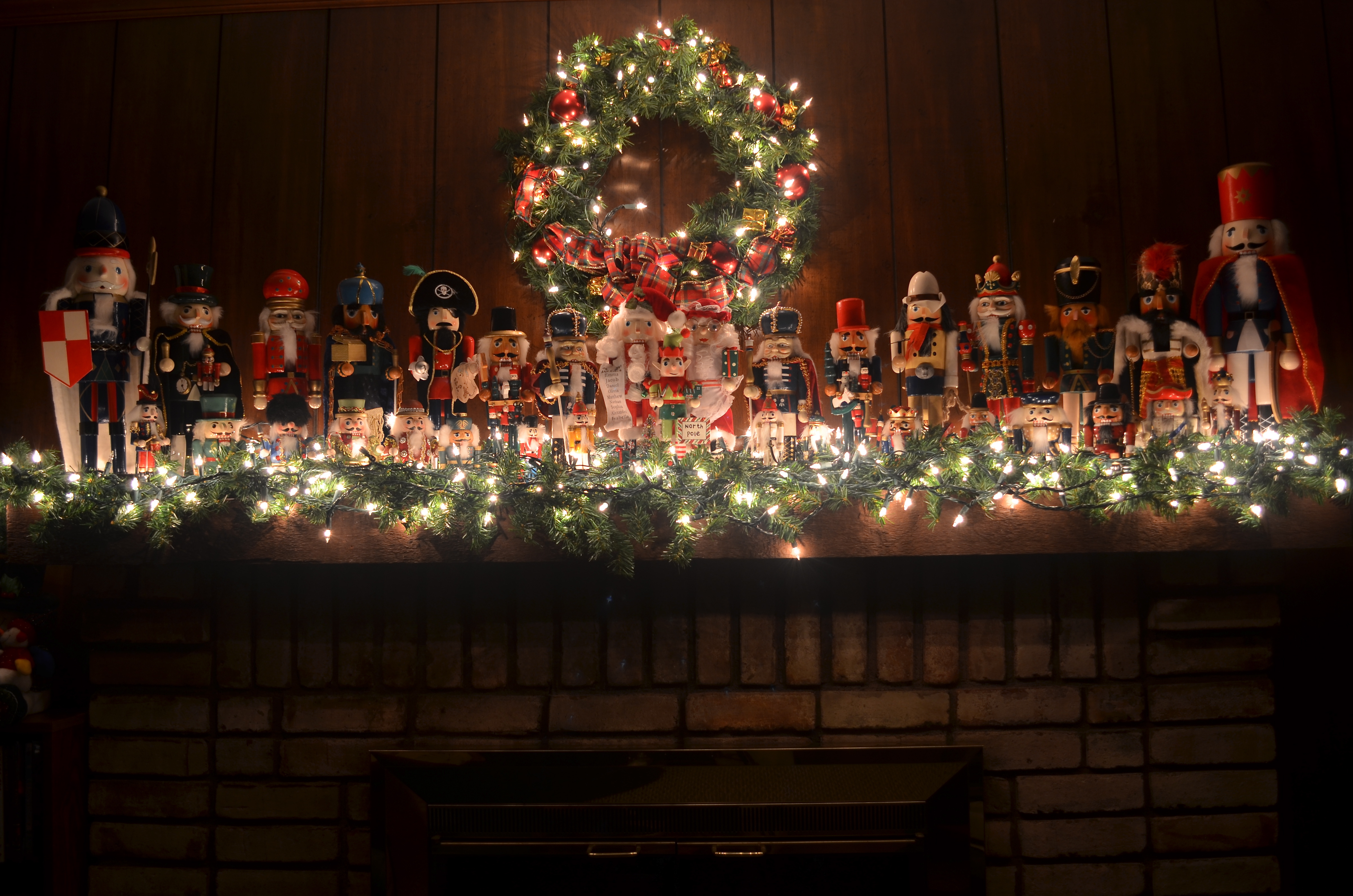 A proud regiment of nutcrackers, made a little more enchanting by turning off the room light and relying on tiny twinklers. 1/2 sec., f/4, ISO 100, 20mm