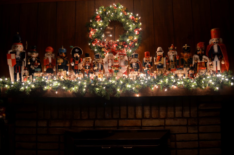 A proud regiment of nutcrackers, made a little more enchanting by turning off the room light and relying on tiny twinklers. 1/2 sec., f/4, ISO 100, 20mm