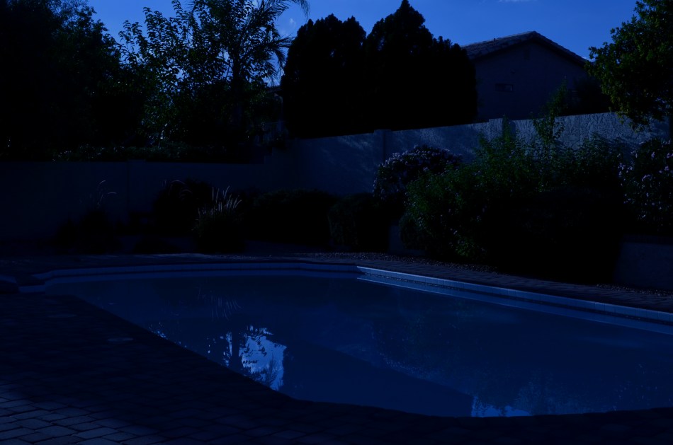 Moonlight night around the poolside, only not really: a "day-for-night" shot taken at 5:17pm. 1/400 sec., f/18, ISO 100, 35mm.