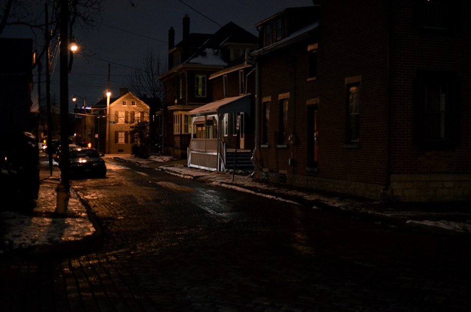 Stepping onto Blenkner Street and into history. Columbus, Ohio's wonderful German Village district, December 2013. 1/60 sec., f/1.8, ISO 800, 35mm.