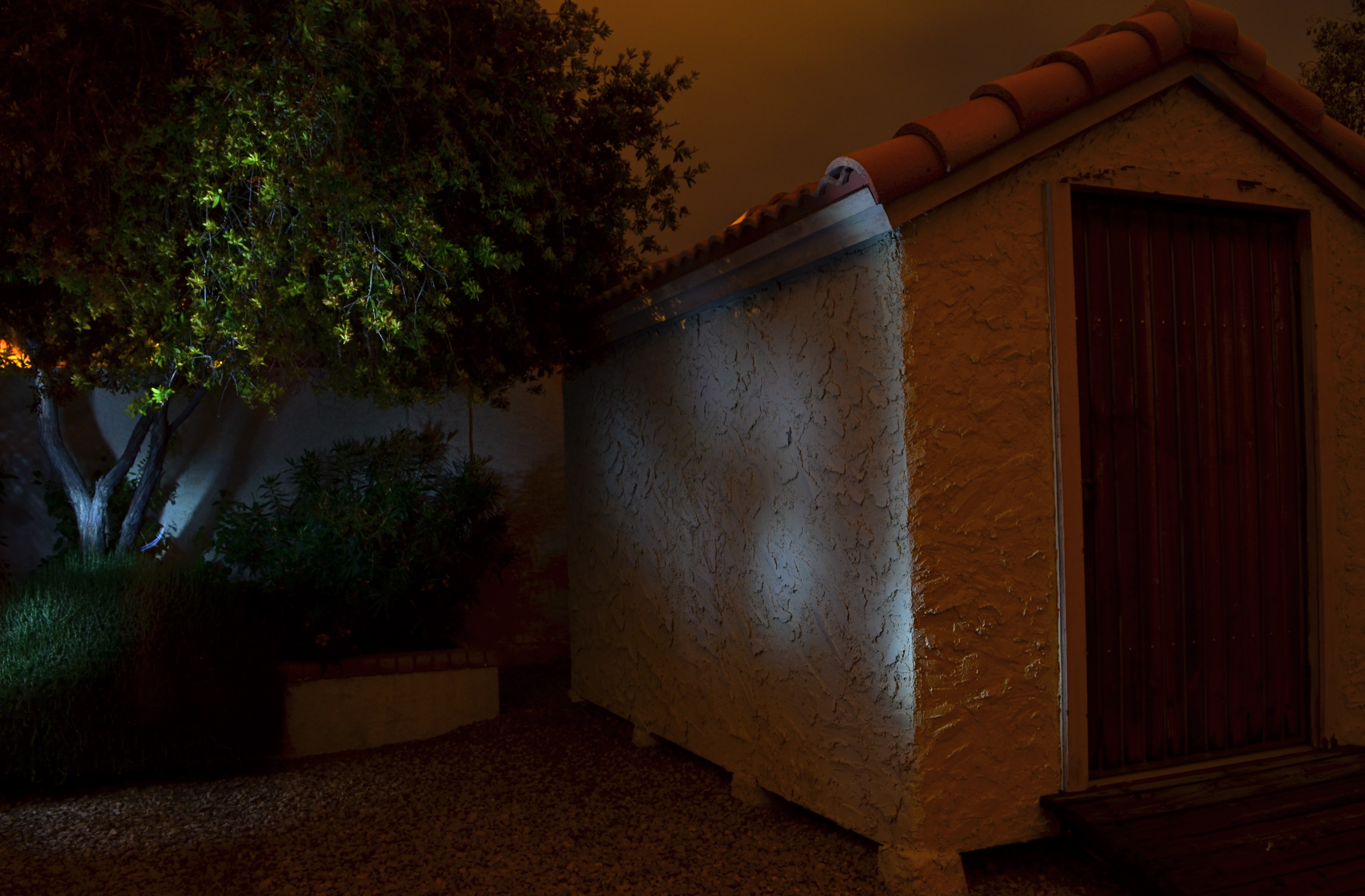 No lighting in the back yard, unless you "paint" it on: 30 sec., f/8, ISO 100, 18mm.