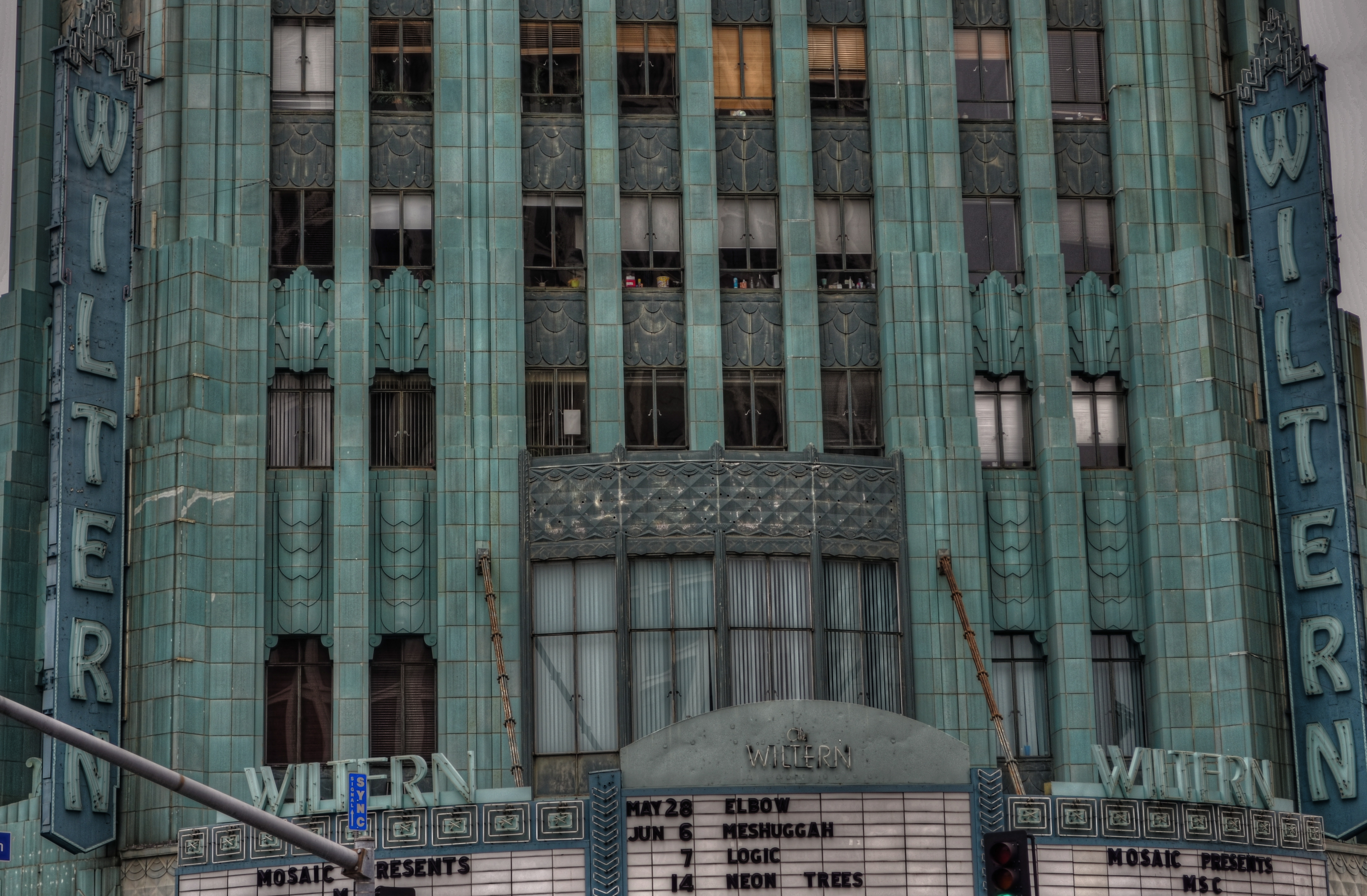 The wondrous Wiltern Theatre in Los Angeles. A three-exposure HDR to amplify time's toll on the building's exterior.