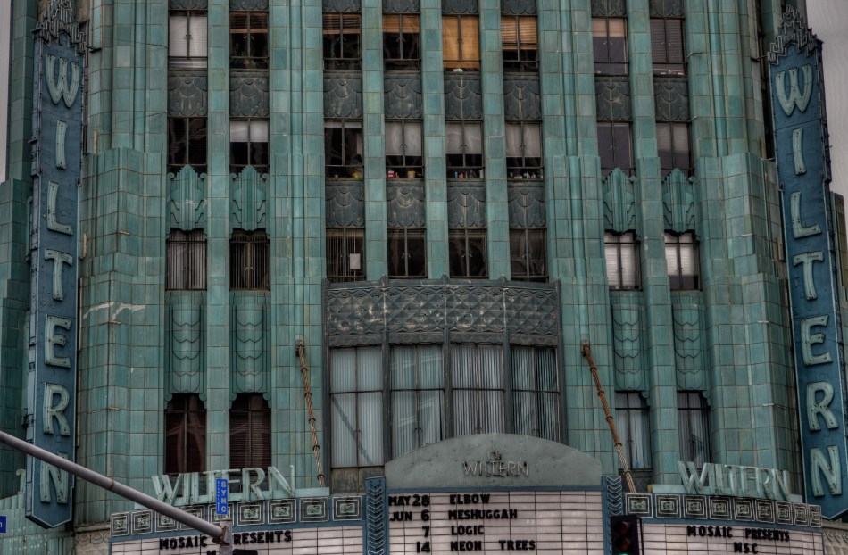 The wondrous Wiltern Theatre in Los Angeles. A three-exposure HDR to amplify time's toll on the building's exterior.