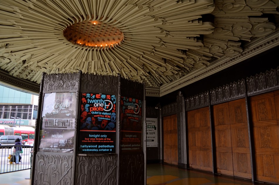 The Wiltern's ticket kiosk sits under a plaster canopy of Deco sunrays. 1/40 sec., f/3.5, ISO 100, 18mm.