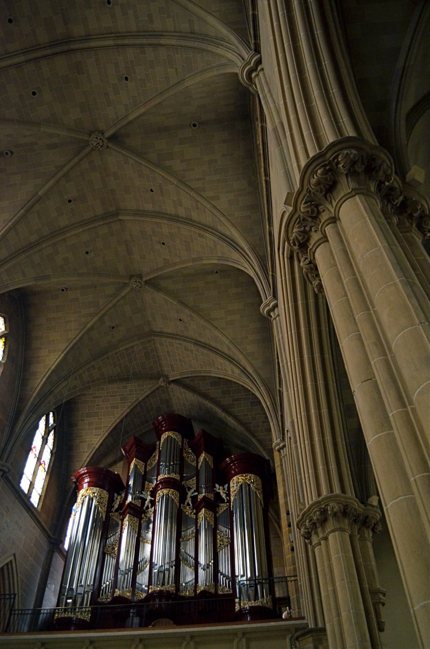I had originally shot the organ loft at Columbus, Ohio's St. Joseph Cathedral in a centered, "straight on" composition. I like this variation a little better. 1/40 sec., f/3.5, ISO 1000, 18mm.