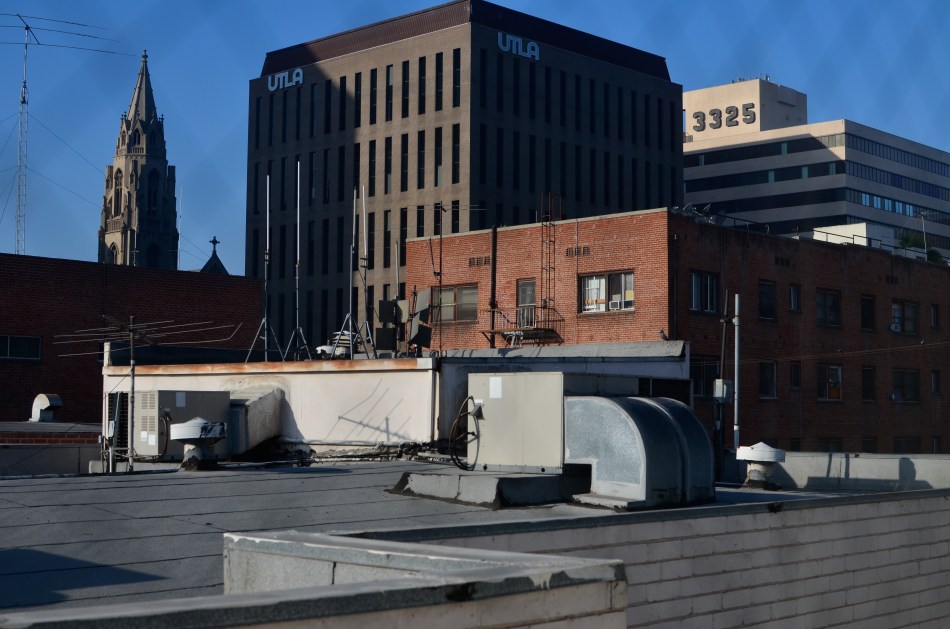 Early morning in L.A., shot through a hotel wind with a polarizing filter up front of the lens. 