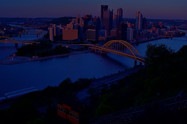 The standard downward vista of downtown Pittsburgh from the top of Mt. Washington. 