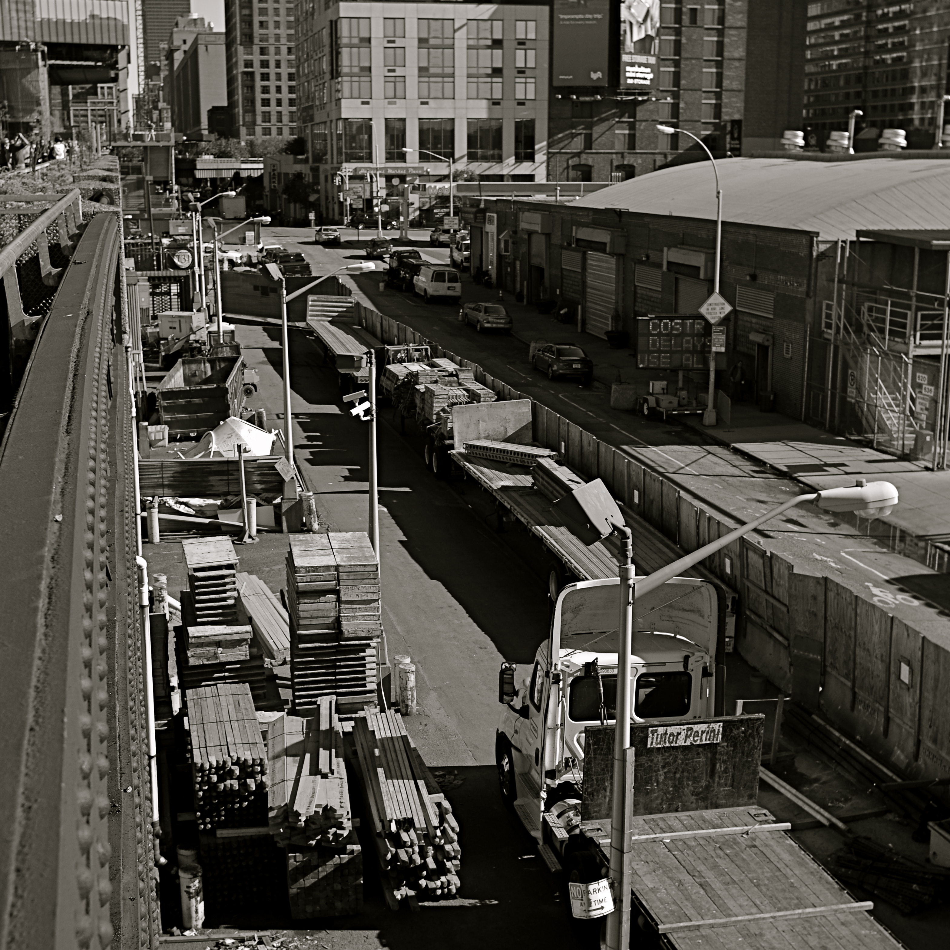In a square framing, this warehouse district seems isolated from the greater city around it.