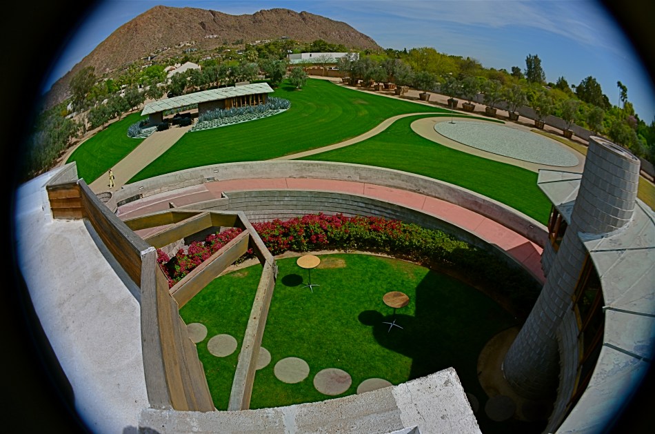 A view from the roof of the David Wright House, Frank Lloyd Wright's gift to his son, built in 1950 and now being prepped for complete restoration. The detached guest house and Camelback Mountain are in the distance.