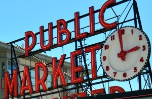 The standard view of Seattle's Public Market is not of the market in total, but of its iconic sign.